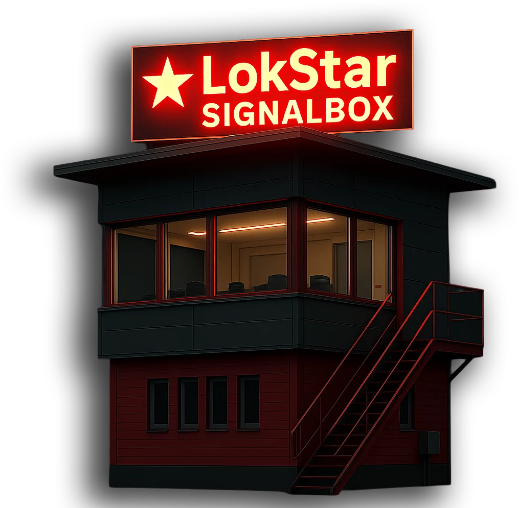 Die LokStar-SignalBox: ein Stellwerk mit leuchtendem LokStar-Schild